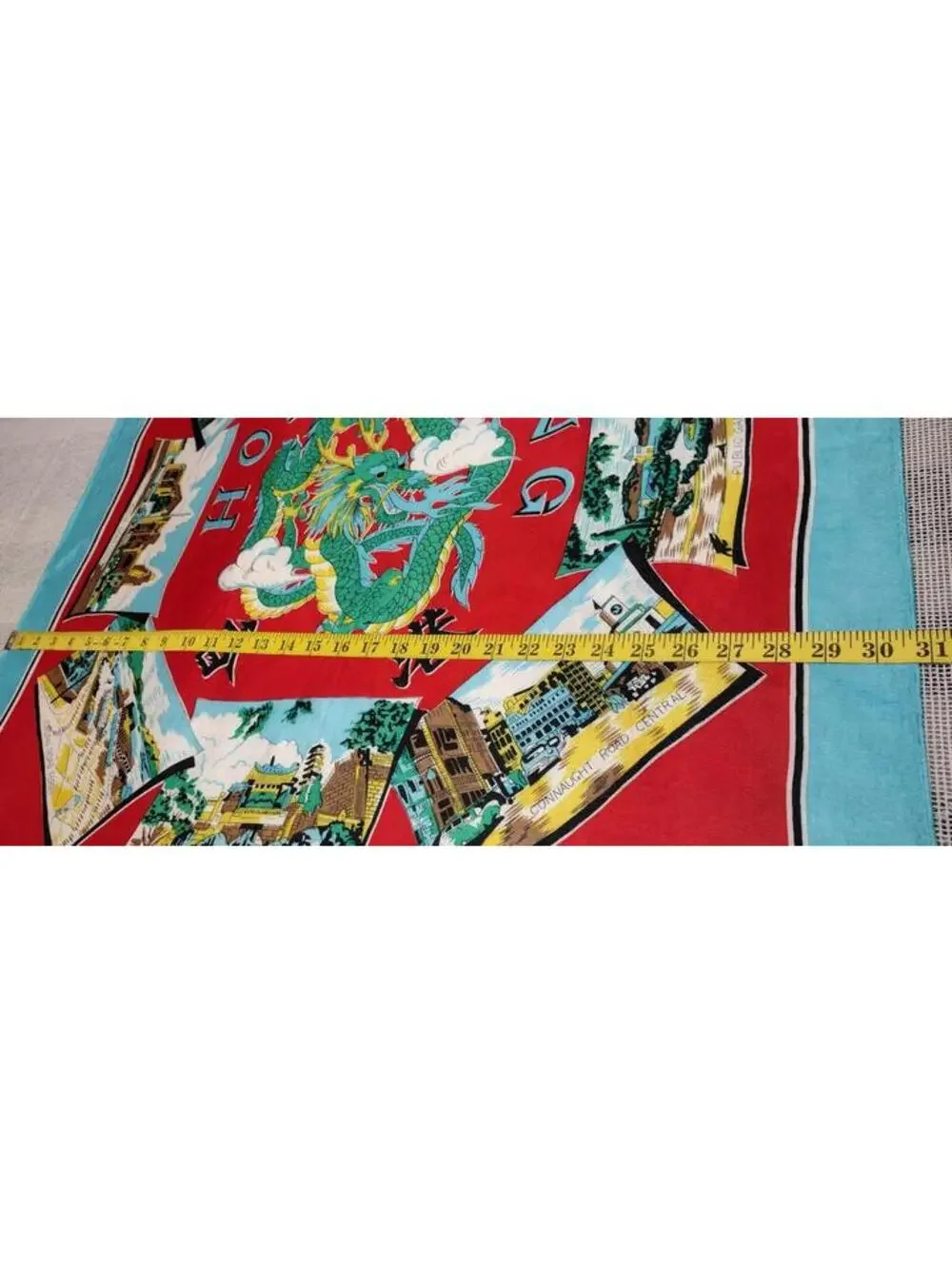 Vintage 1940s 50s Green Dragon Scarf HONG KONG Bably Blue Chinese Red Landscapes